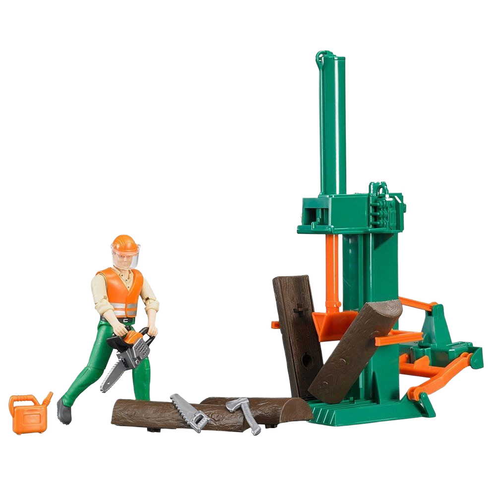 Green and orange toy forestry machine with figure wearing safety gear and plastic logs from Bruder Toys collection