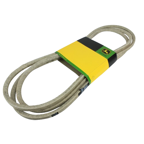 Beige-colored deck drive belt with yellow and green John Deere branded packaging for outdoor equipment repair