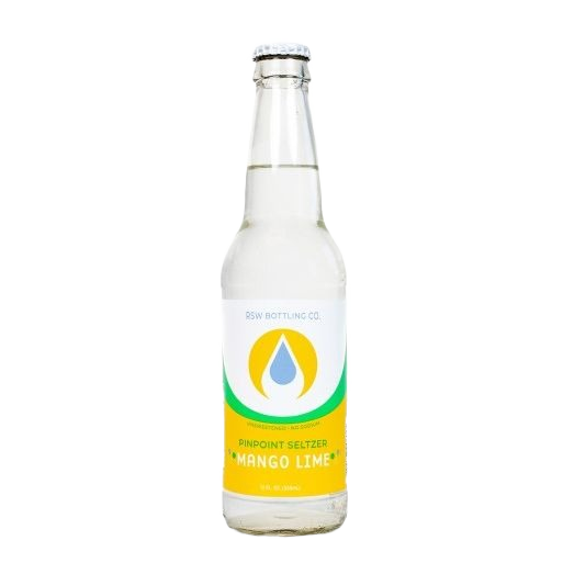 Clear glass bottle of mango lime flavored seltzer water with white and yellow label and silver cap