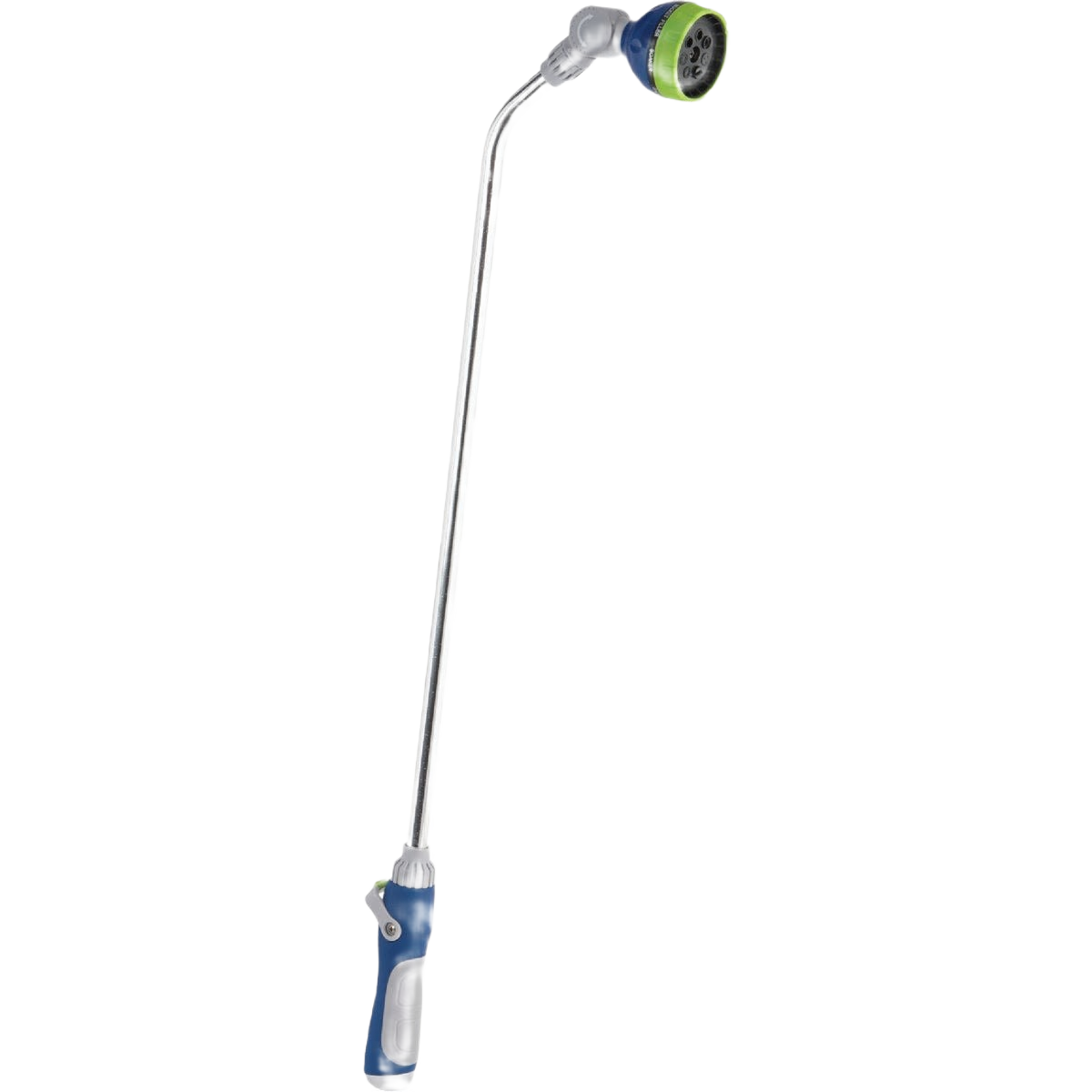 Blue and gray watering wand with adjustable head and thumb trigger for lawn and garden irrigation tools collections