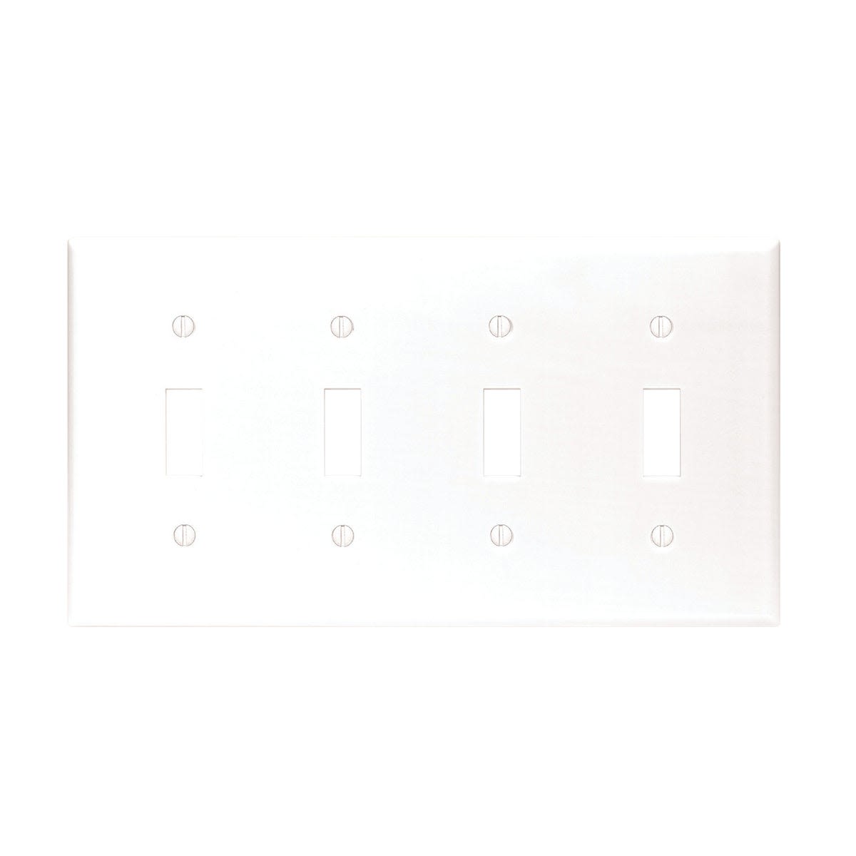 White 4-gang plastic toggle switch wall plate designed for electrical home improvement and wall plates & jacks.