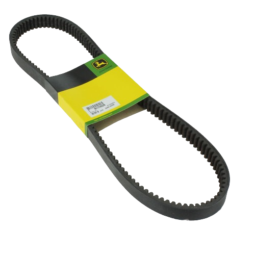 Black notched clutch drive belt with green and yellow branded label for tools and home improvement projects