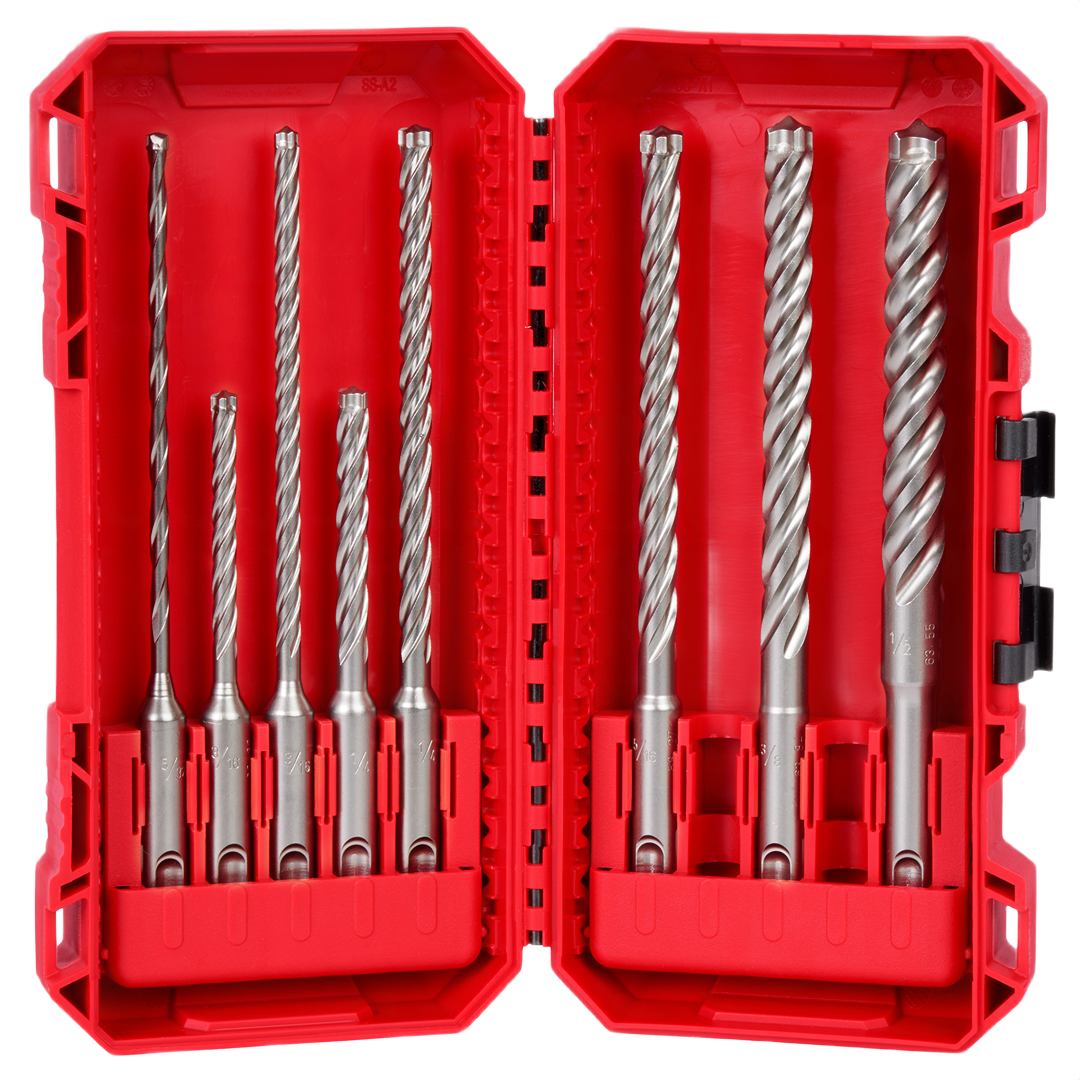 Red case with eight silver SDS Plus drill bits in various sizes for tool accessories and home improvement tasks
