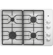 White built-in gas cooktop with four burners and dishwasher-safe grates for kitchen and home improvement use