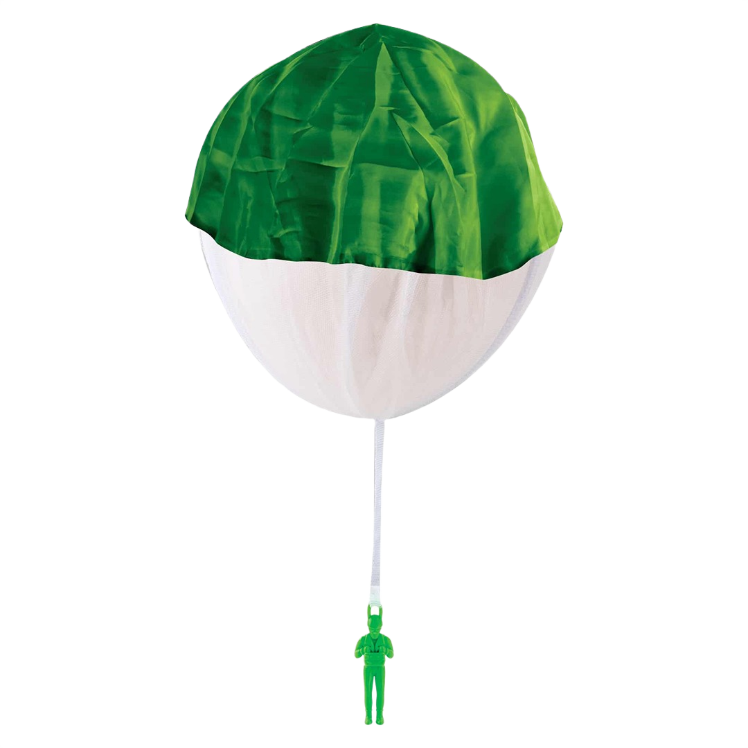 Green and white parachute with a classic toy soldier for outdoor pretend play in toys and games under $50 collection