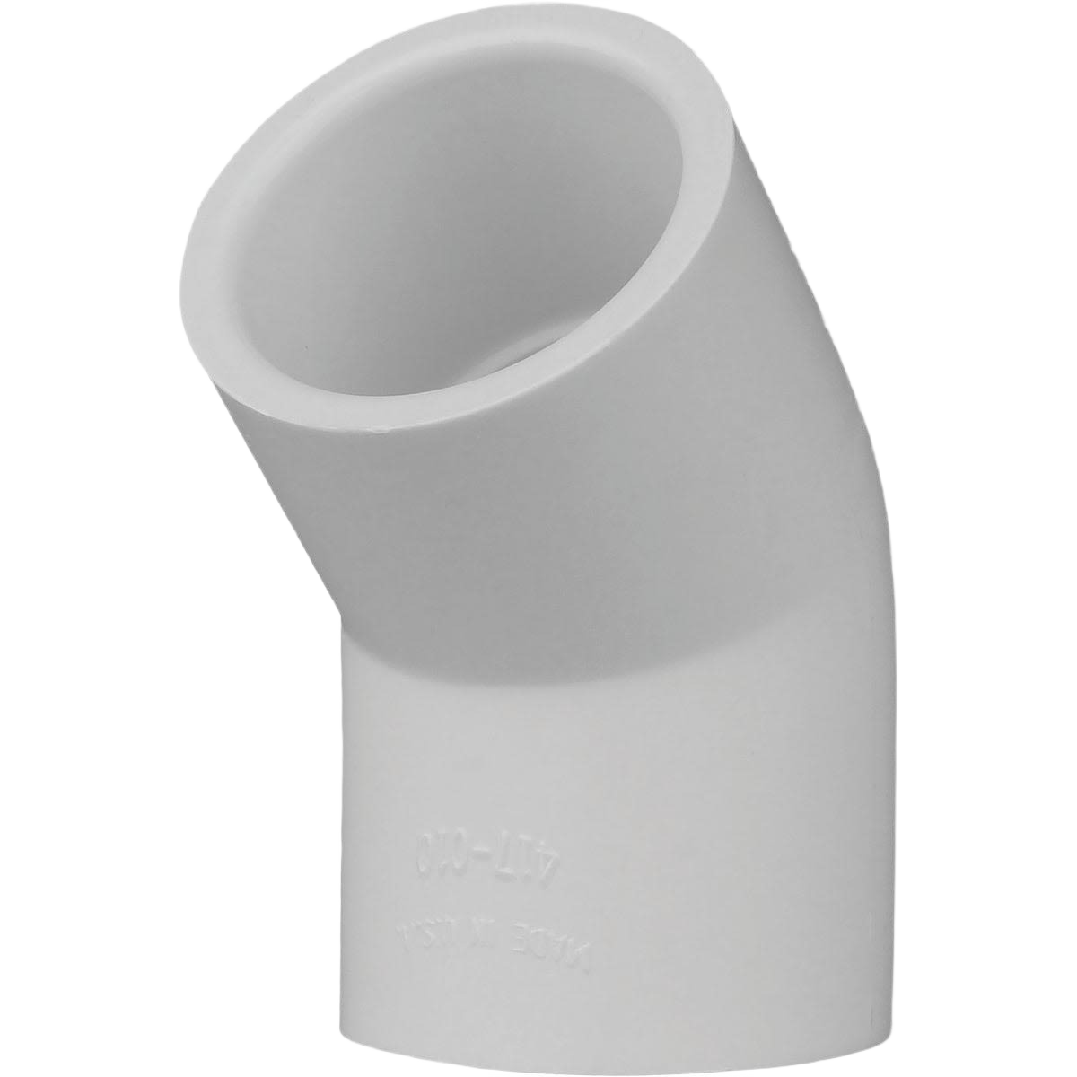 White Schedule 40 PVC elbow pipe fitting angled at 45 degrees for home improvement plumbing applications