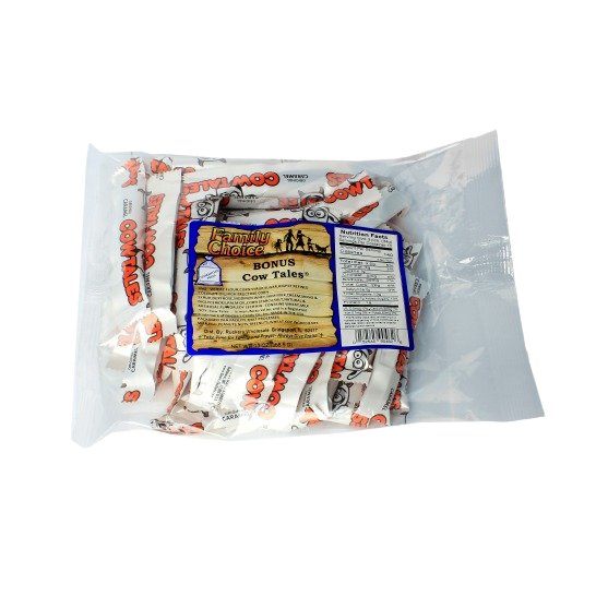 Clear bag of Family Choice caramel Cowtales chewy stick candies from Chocolates & Candies and Under $25 collections