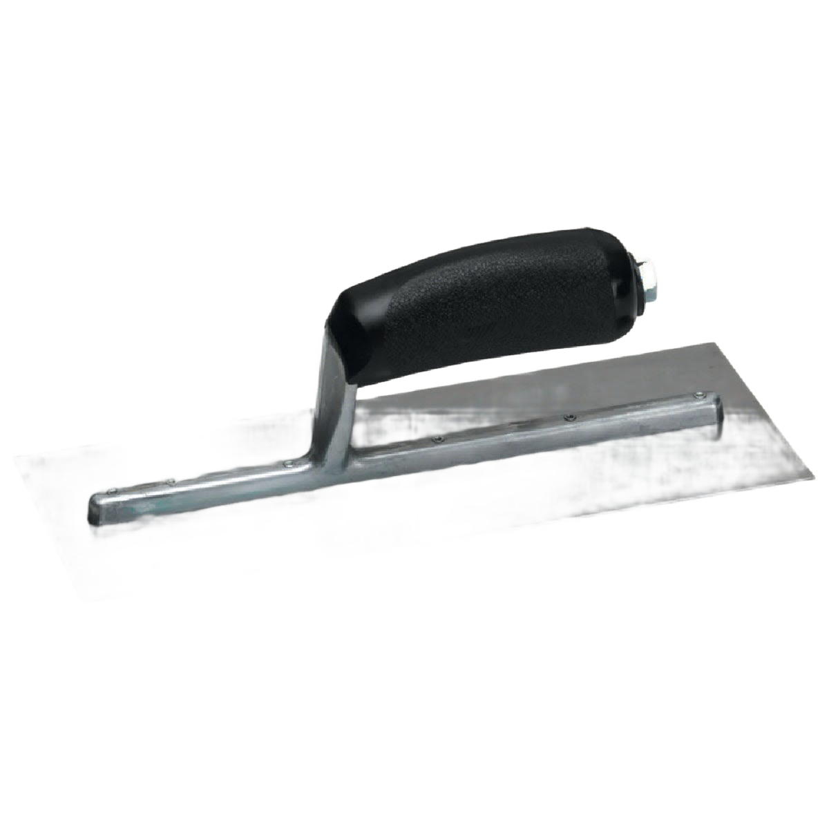 Rectangular finishing trowel with black ergonomic handle and steel blade for home improvement tasks