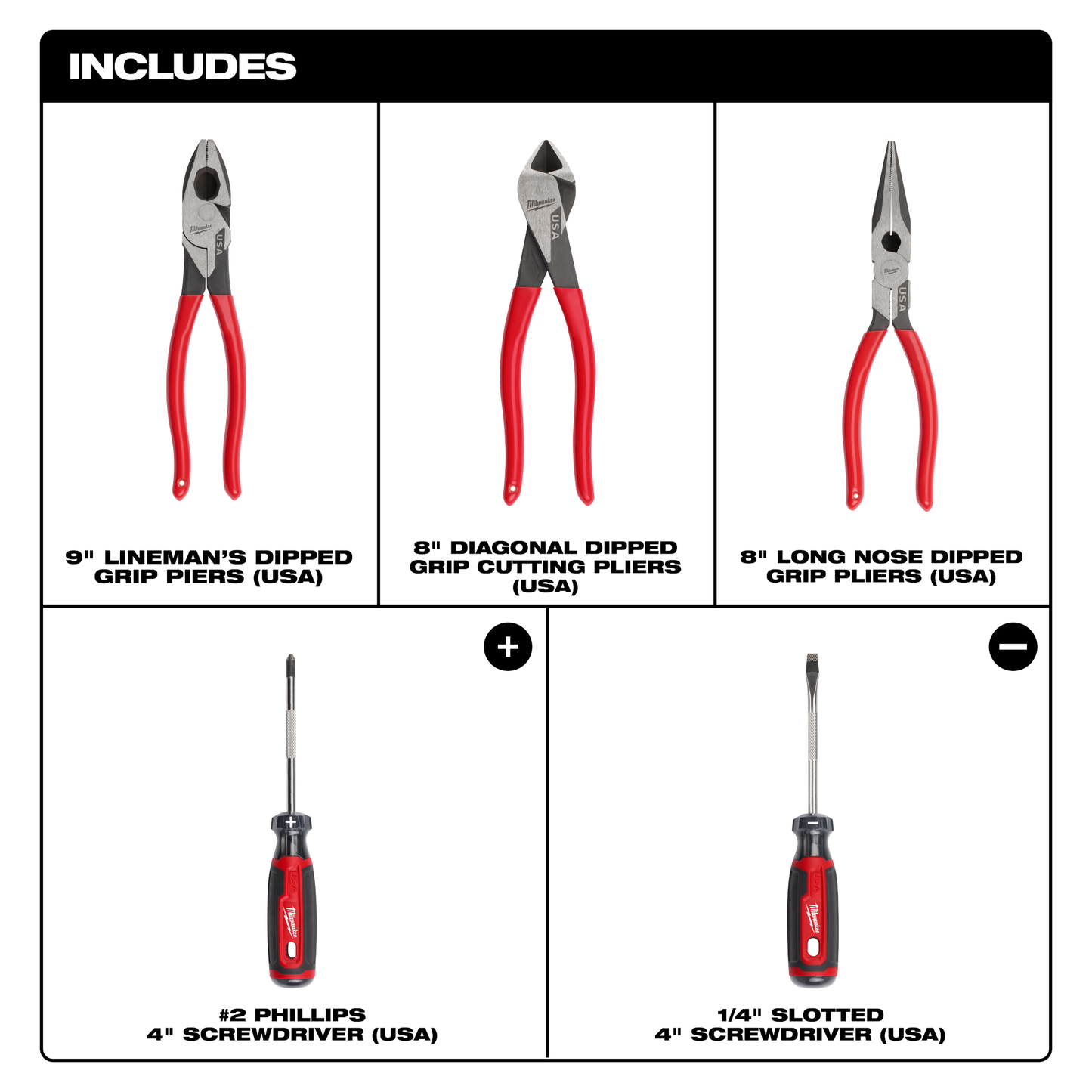 Milwaukee 5PC Dipped Grip Cutting Pliers & Cushion Grip Screwdrivers Set (USA)
