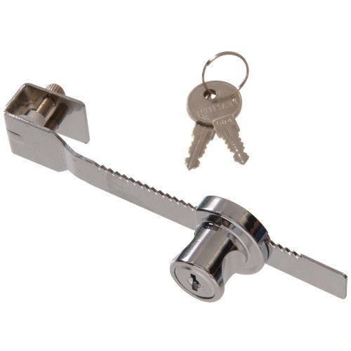 Chrome finish showcase lock with serrated arm and two keys for hardware and lock collections under $50
