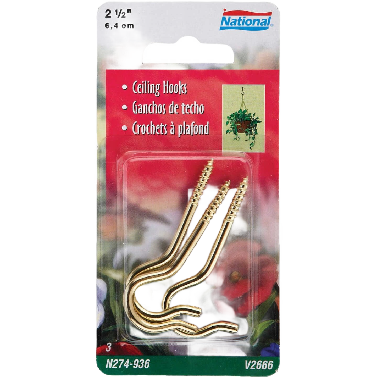 Three brass ceiling hooks with threaded ends for hanging plants or decor in home improvement projects