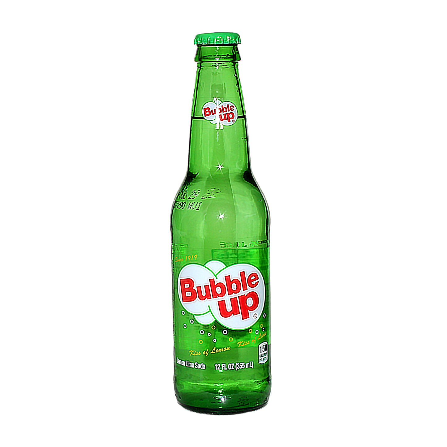 Green glass bottle of lemon-lime soda with red and white logo for refreshing beverage option