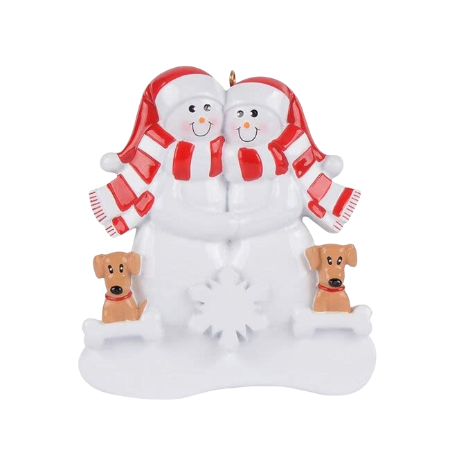 Snow couple figurines wearing red scarves and hats with two tan dogs holding white bones ornament for Christmas décor under 50 dollars