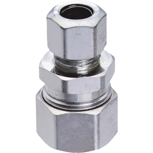 Chrome-finished copper compression union fitting designed for plumbing projects in Pipes & Fittings collection under $50.