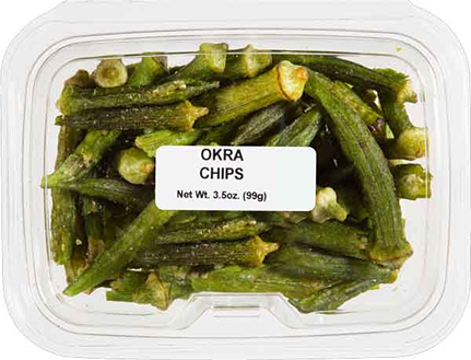 Clear plastic container filled with crunchy seasoned okra chips for snack and food & beverage collections under $25