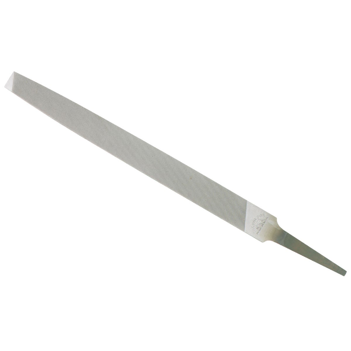 Flat steel hand file with a tapered, pointed end for detailed metal shaping in tools and home improvement projects