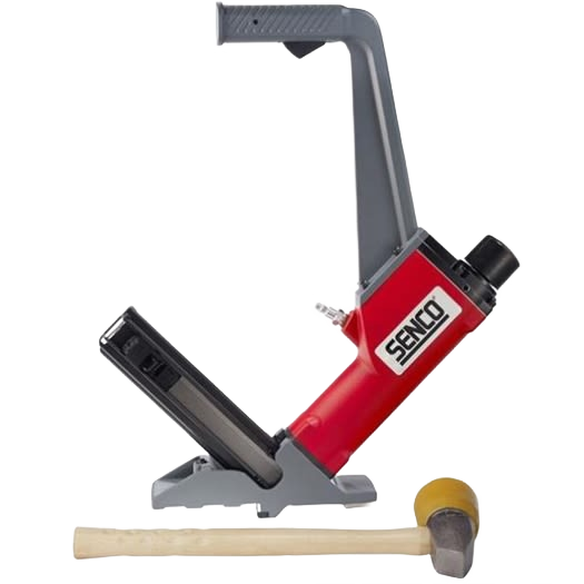 Red and gray cleat flooring nailer with wooden mallet for tools and home improvement projects