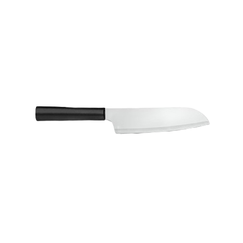 Black-handled cooks knife with sharp stainless steel blade for kitchen and food preparation tasks