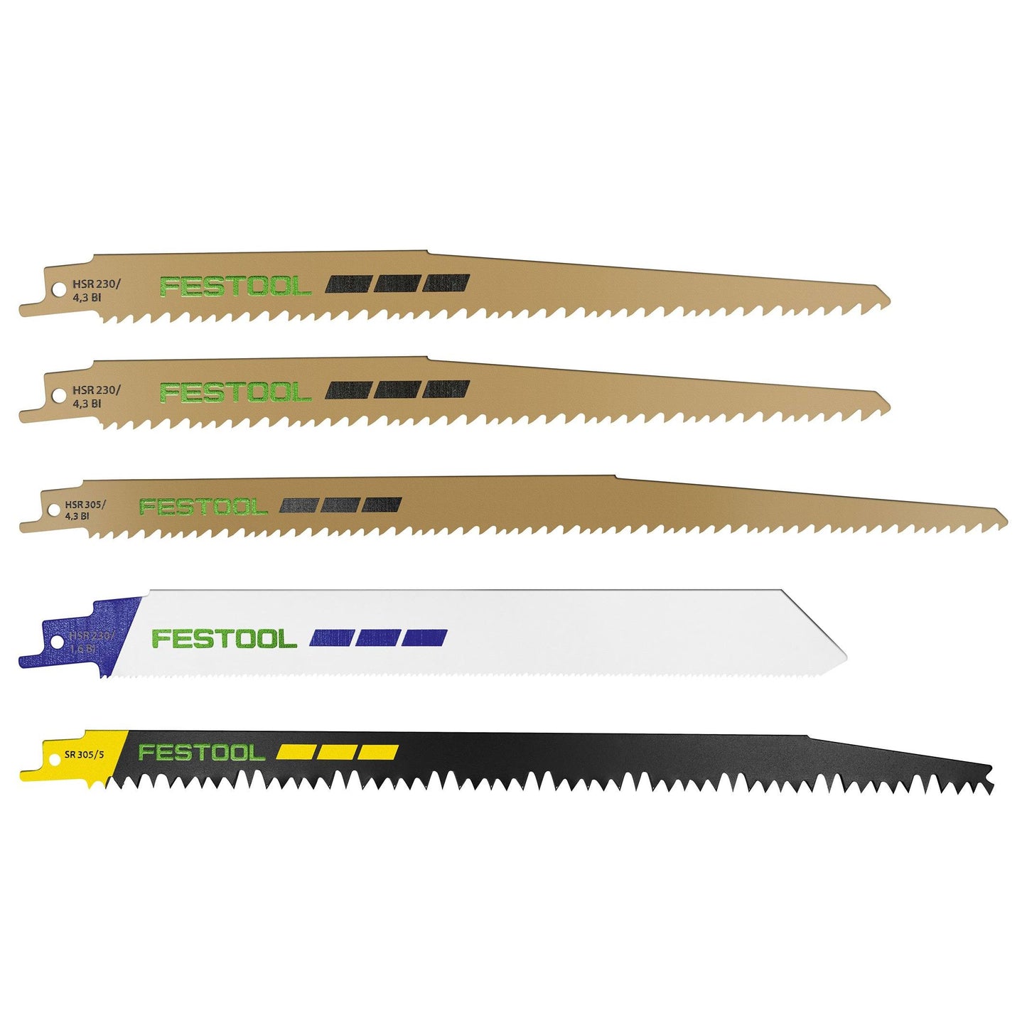 Set of five Festool reciprocating saw blades in various sizes and colors for woodworking power tools accessories
