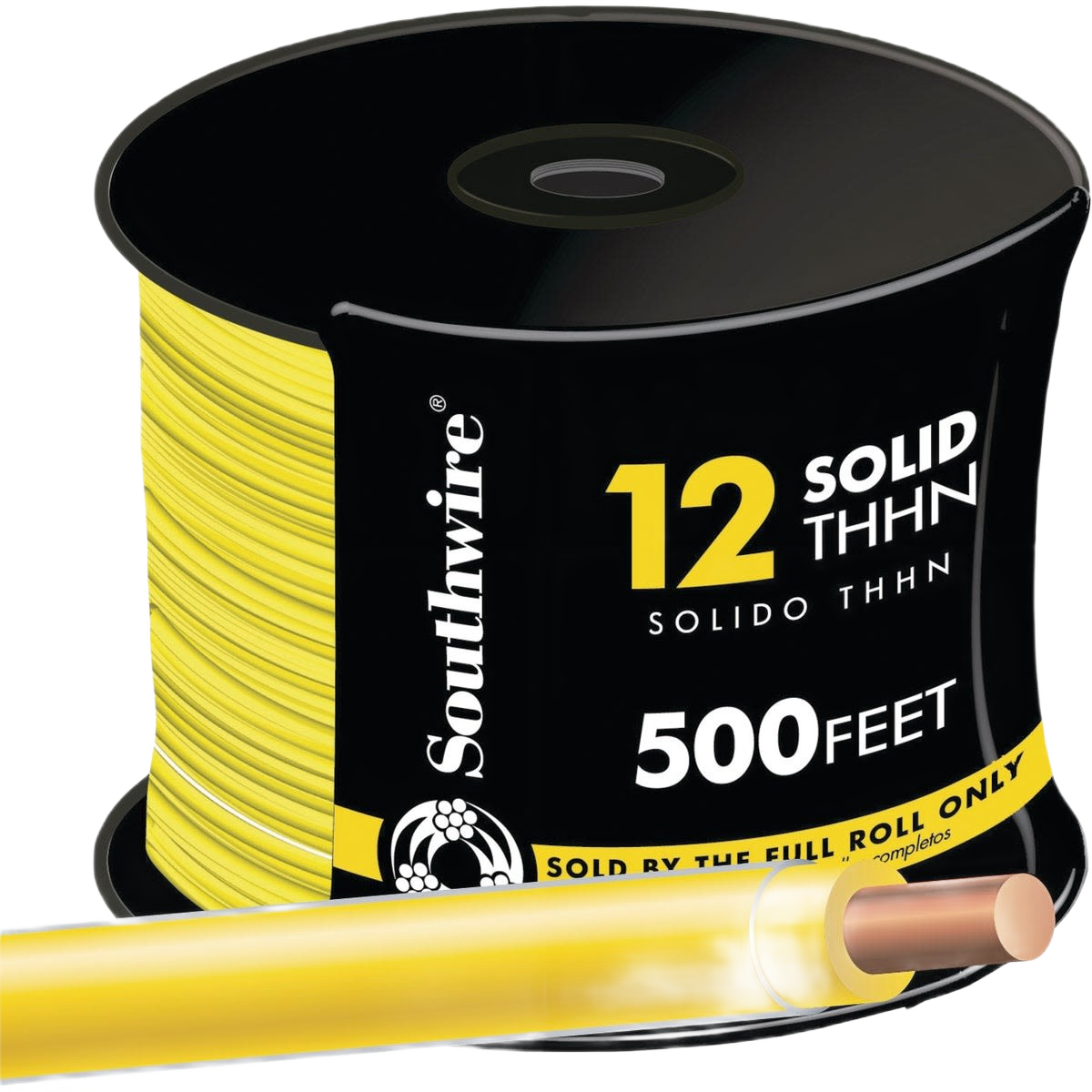 Spool of 12 AWG solid yellow THHN wire with copper core for tools and home improvement use