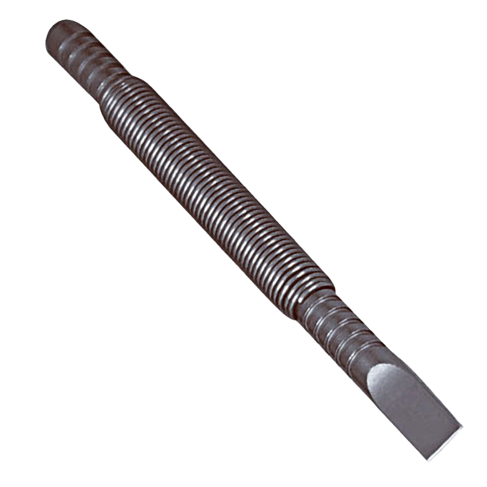 Steel cold chisel with grooved handle for improved grip, designed for home improvement and tool use.
