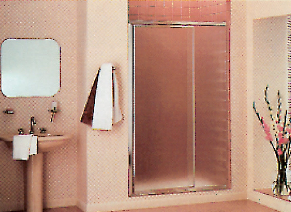 Bathroom with a classic pivot shower door featuring frosted panels and chrome trim for home improvement use