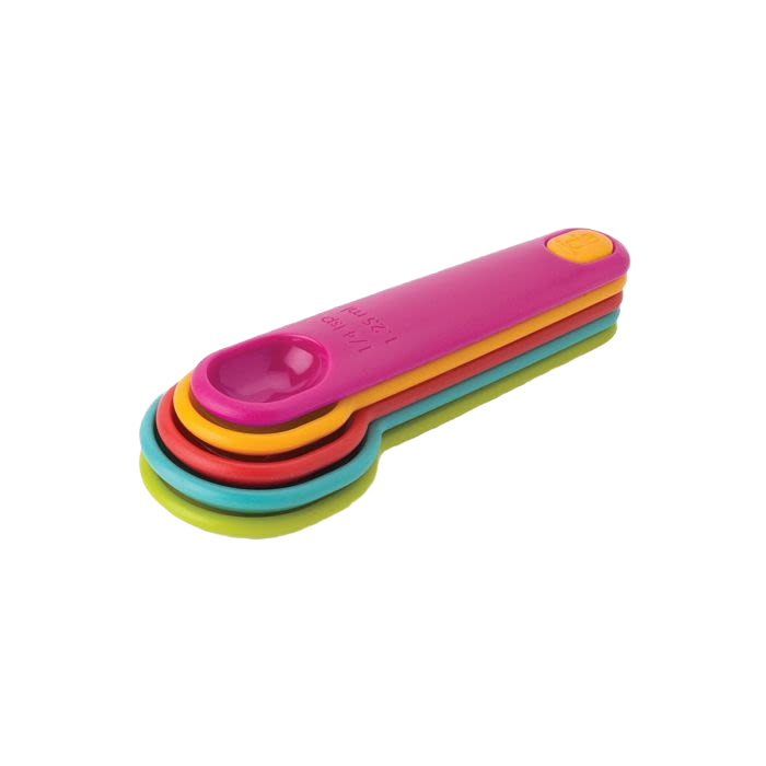 Set of five brightly colored measuring spoons designed for kitchen use in cooking and baking tasks under $50 collections