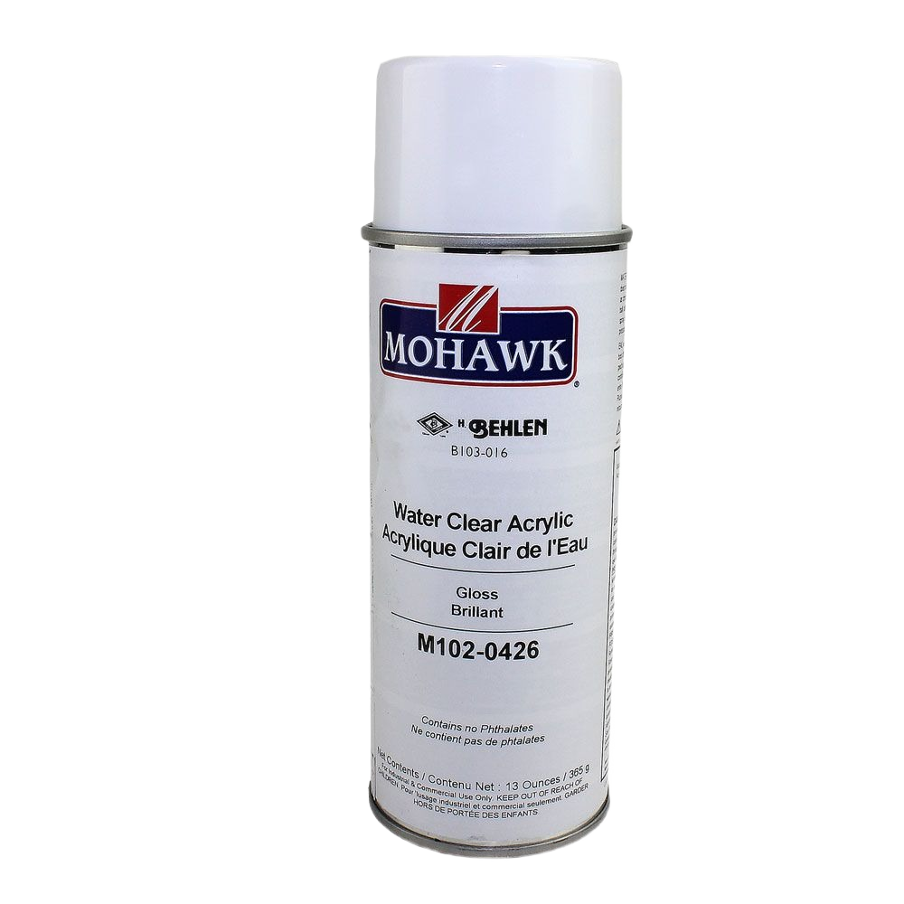 Aerosol can of Mohawk gloss water clear acrylic sealant for wood finishing in home improvement supplies collection