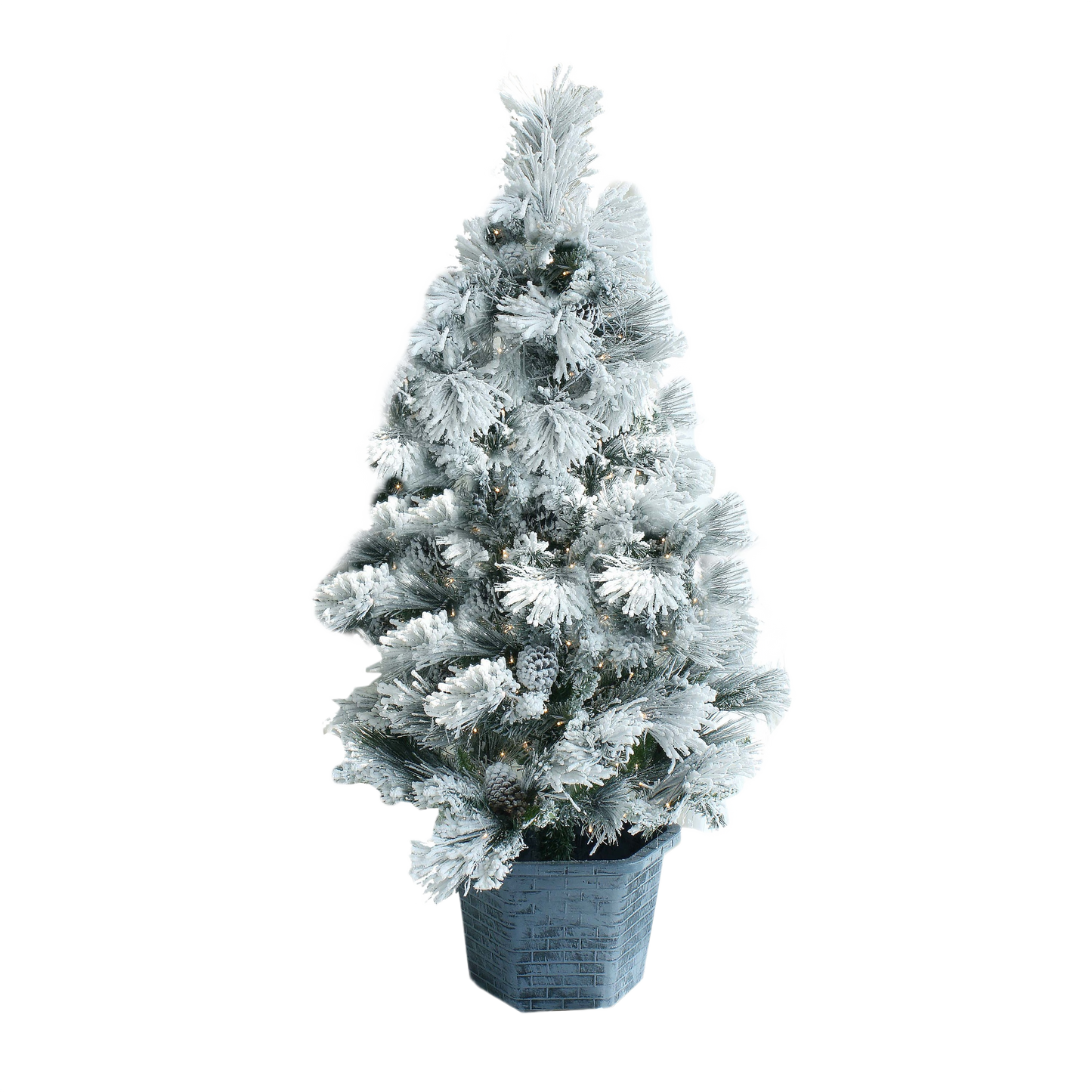5-foot potted Christmas tree with flocked snow effect and built-in LED lights for festive holiday décor collections