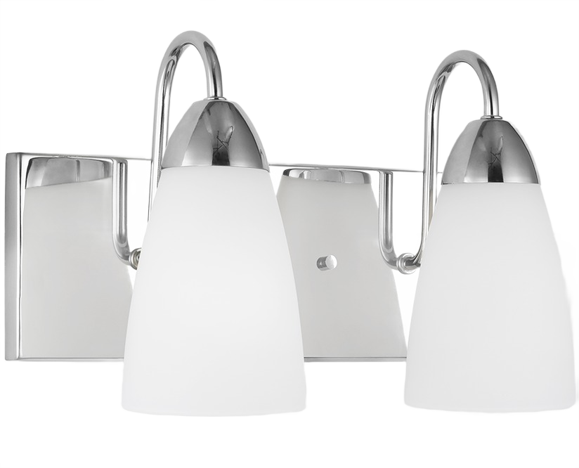 Chrome finished two-light wall fixture with etched glass shades for bathroom vanity and wall lighting collections