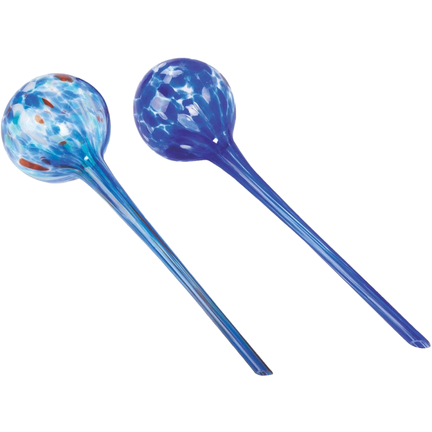 Pair of hand-blown blue glass watering globes for effortless plant care in lawn and garden and plant care collections