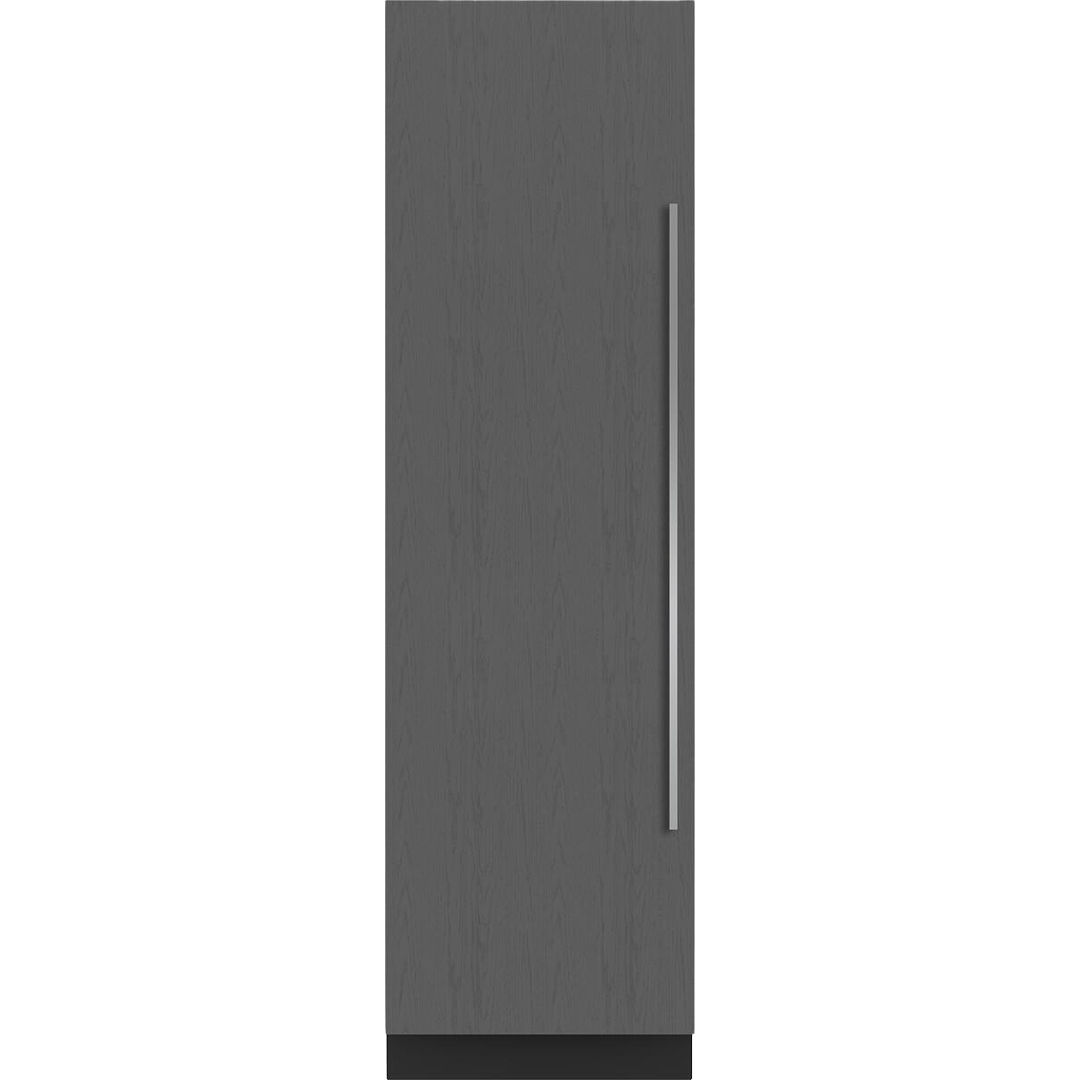 Tall gray wood-textured column freezer door with long vertical stainless steel handle for kitchen appliances