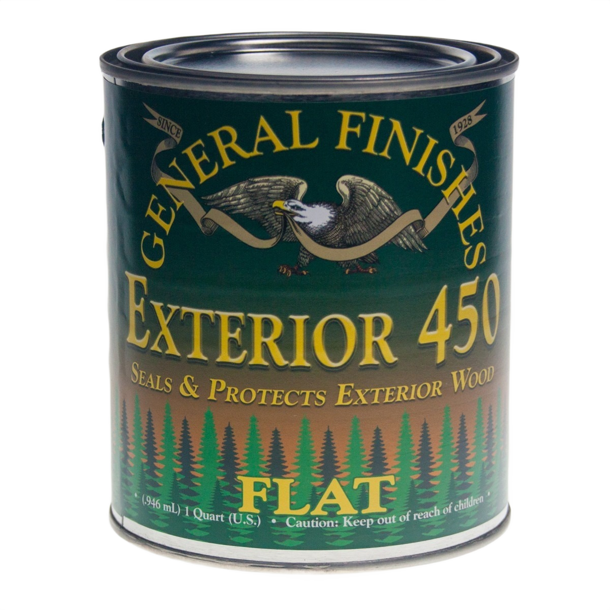 Quart container of General Finishes Exterior 450 flat varnish for sealing and protecting outdoor wood surfaces
