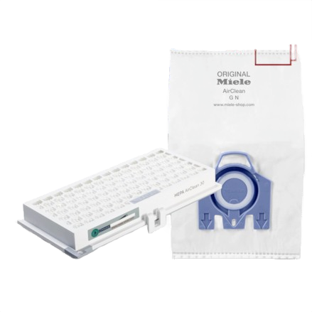 Replacement vacuum bag and HEPA AirClean filter pack for Miele vacuum cleaners in white and blue design