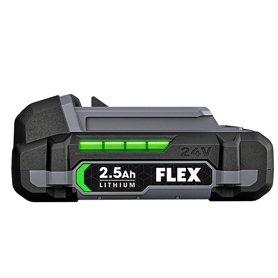 Compact FLEX 24V lithium-ion 2.5Ah battery pack with green charge indicator for tools and home improvement use