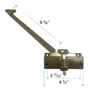 Stone-colored left hand straight arm window operator with measurements, part of window and door accessories collection