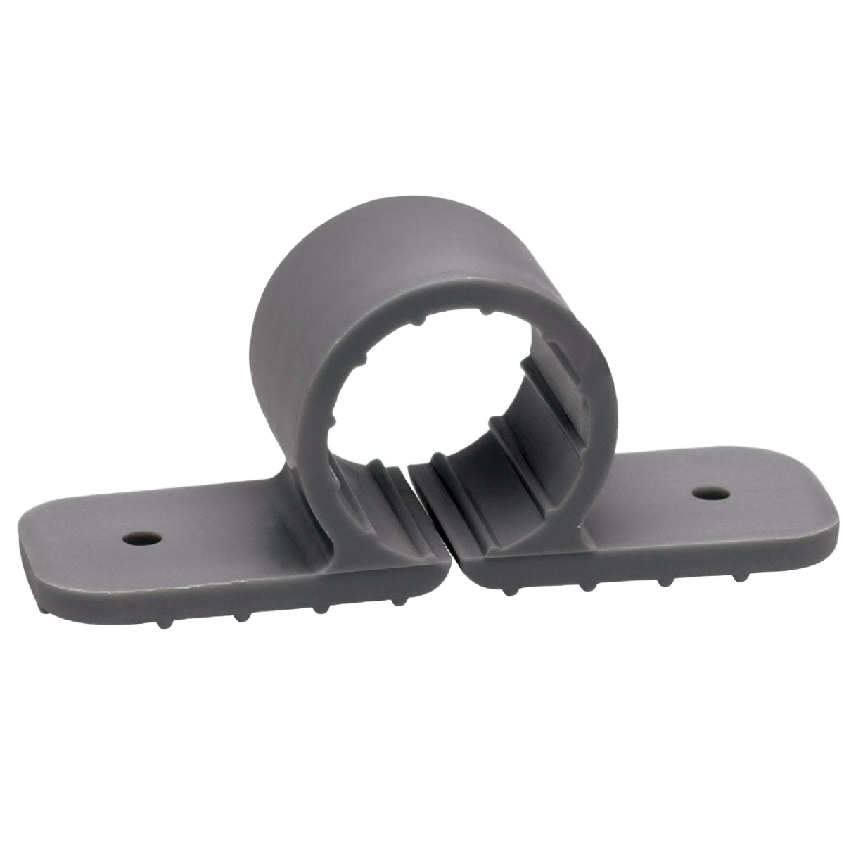 Gray plastic pipe clamp with nail holes for mounting, designed for plumbing and home improvement projects under $50 collections