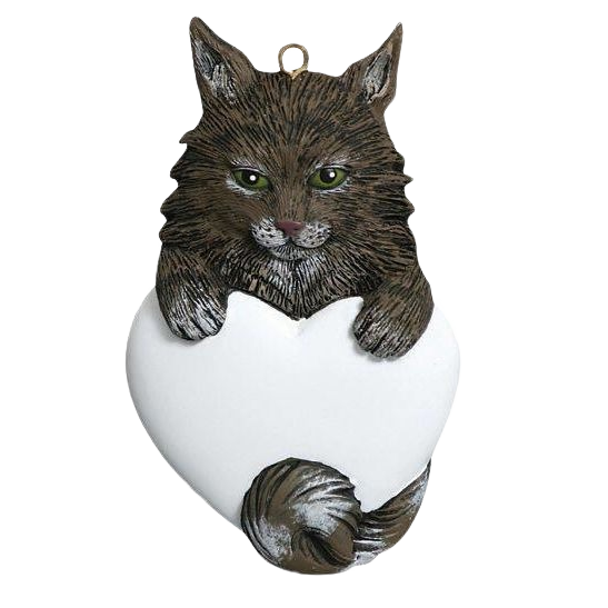 Maine Coon cat ornament clinging to white heart, festive Christmas decoration from holiday tree ornament collection