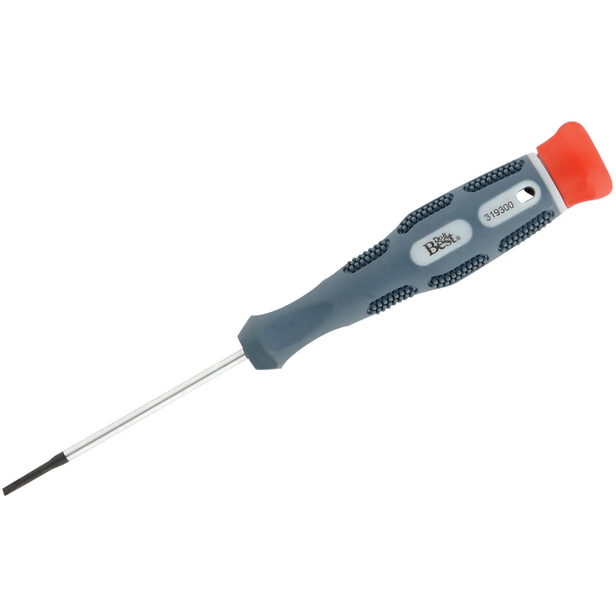 Precision slotted screwdriver with textured gray handle and red end for home improvement and tool use