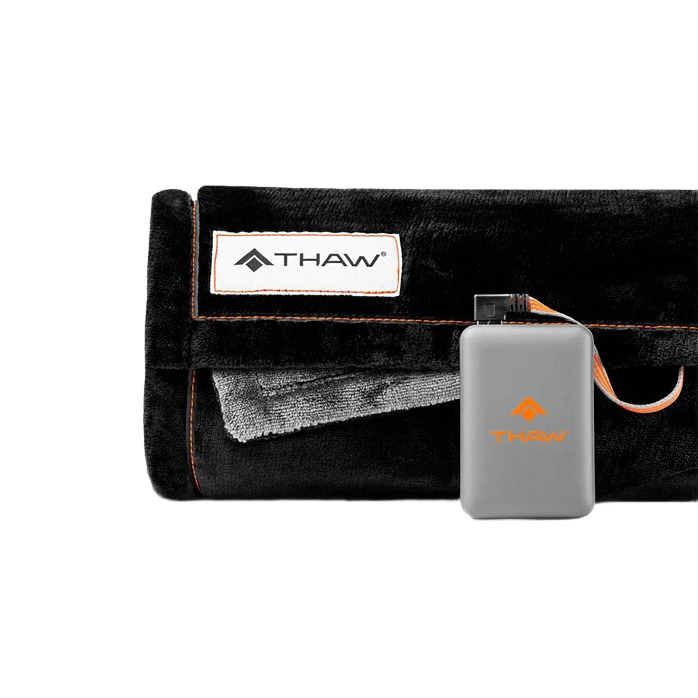 Compact black heated blanket wrap with orange detailing and portable power source in clothing accessories under $100 collection