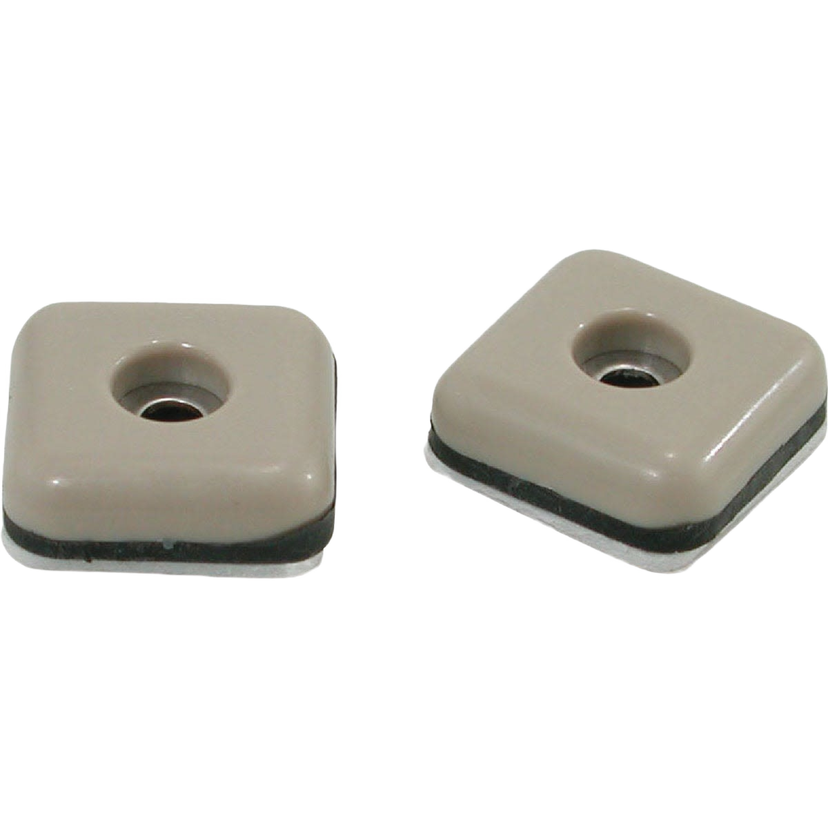 Two beige square glides with black base pads and central screw holes for furniture protection and floor gliding tasks