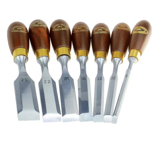 Set of seven polished steel butt chisels with wooden handles for precision woodworking and home improvement tasks