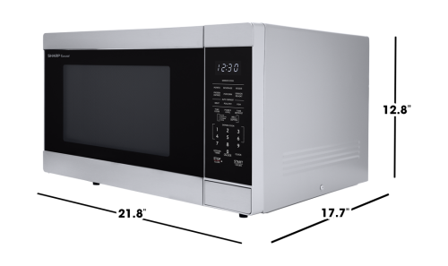 Stainless steel countertop microwave with digital control panel, timer display, and preset cooking functions for kitchen use