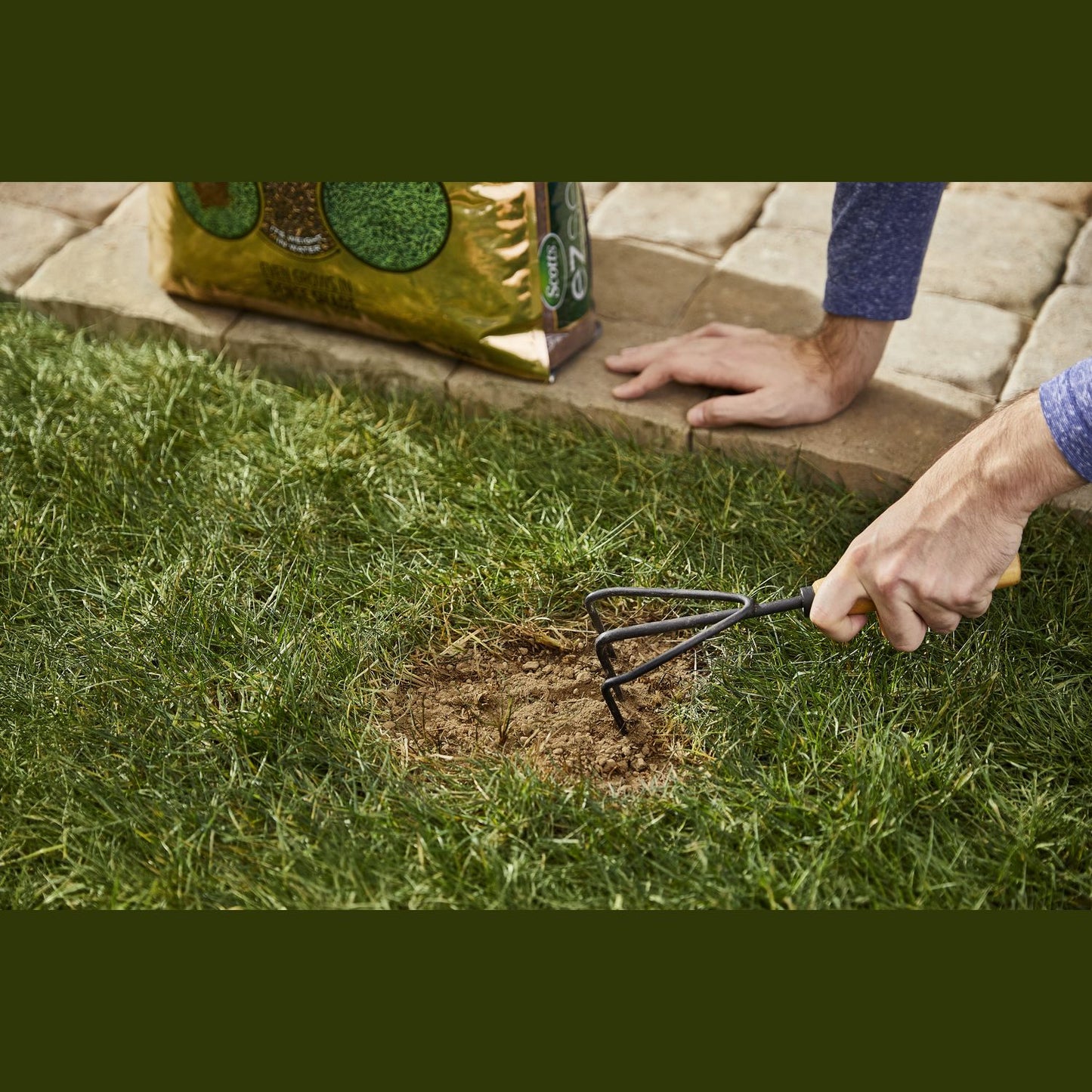 Person using hand rake to prepare bare soil patch on green lawn near stone edging for grass seed repair