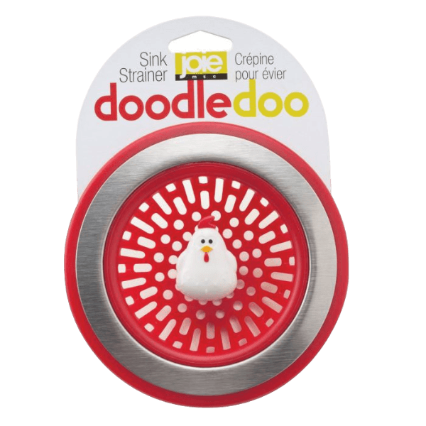 Stainless steel and red plastic sink strainer with chicken-shaped center for kitchenware and home use.