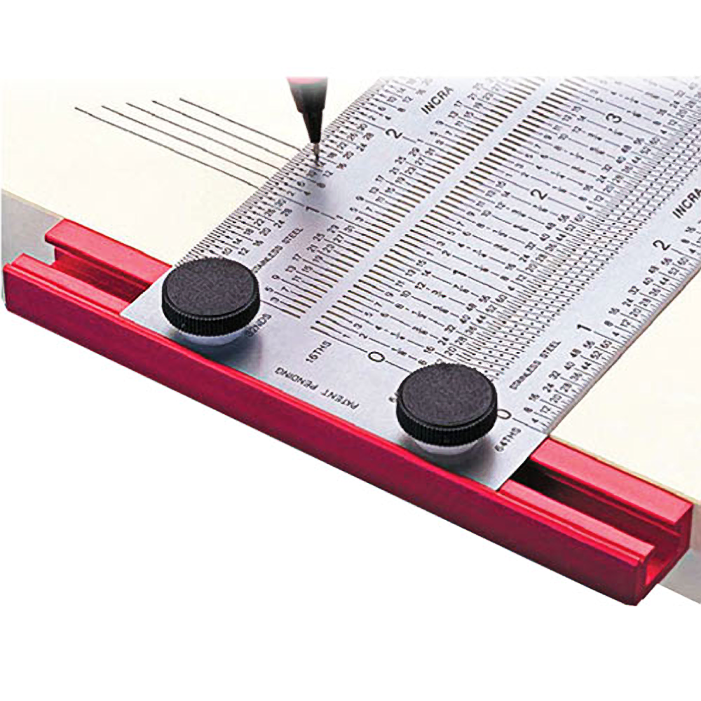 Precision metal T-rule with adjustable knobs and red base guide for accurate marking in tools and home improvement tasks