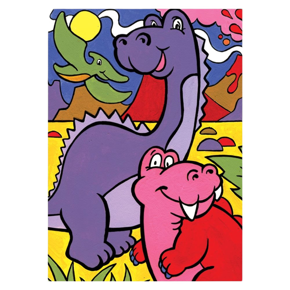 Colorful painting of smiling cartoon dinosaurs with volcano and flying pterosaur in the background for beginner artists