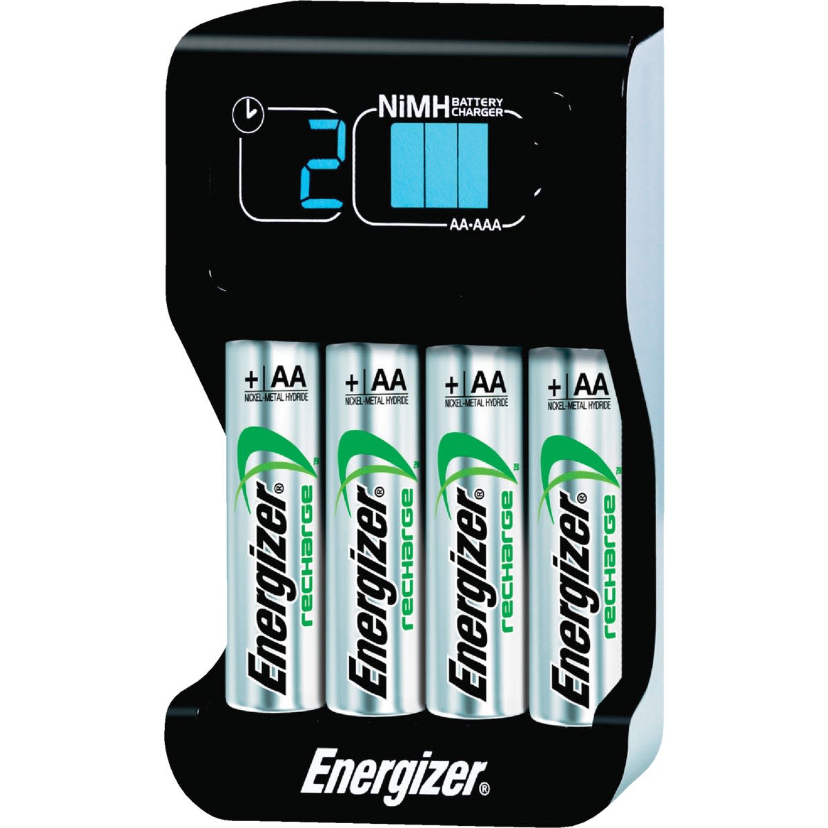 Compact battery charger with clear digital display charging four AA rechargeable batteries for home tool use