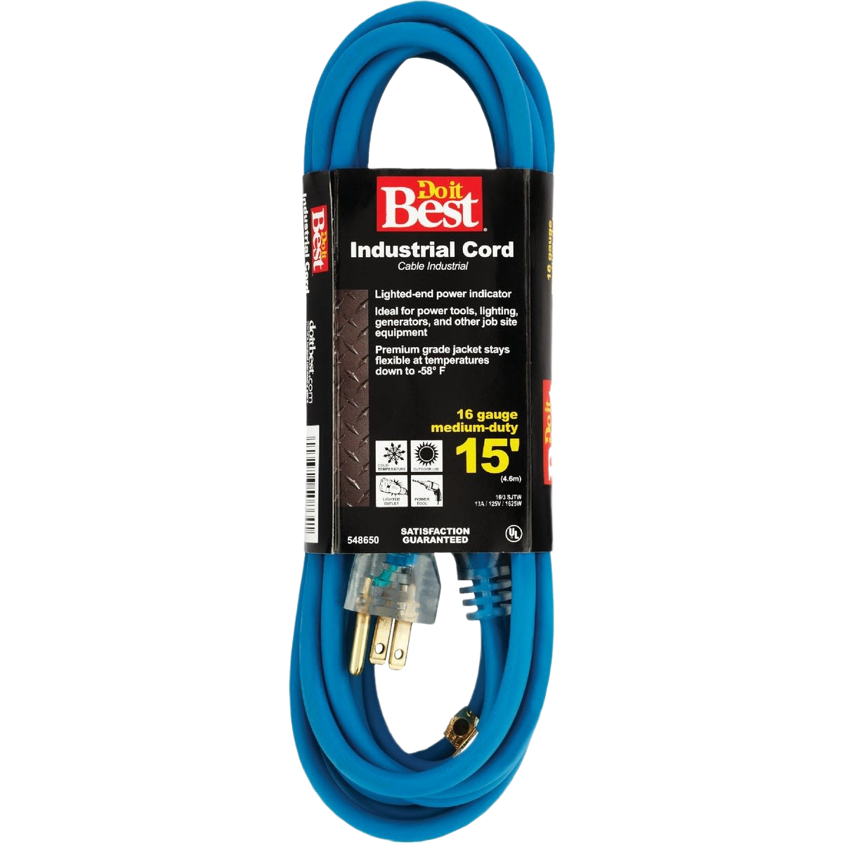 Blue industrial-grade 16-gauge outdoor extension cord with lighted power indicator for tools and home improvement use