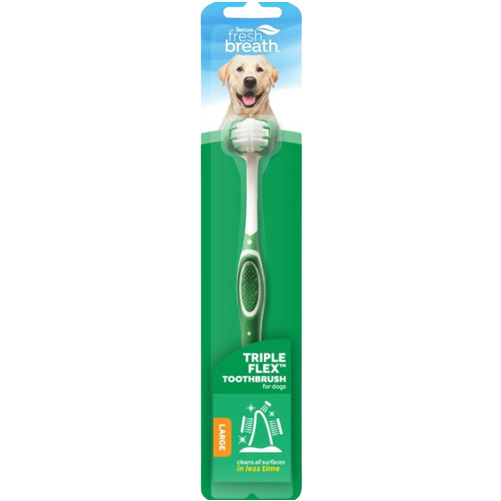 Dog toothbrush with triple flex head and ergonomic handle in green packaging featuring smiling retriever image